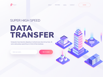 Super high speed data transfer blockchain character city crypto data design digital hero illustration isometric landing page website