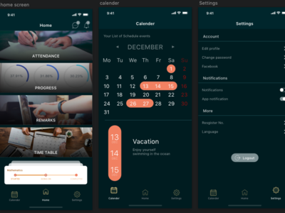 screens for attendance presentation/child tracking app attendance calander current elements home screen iconography icons icons design progress screen design sections settings status subjects timetable tracking app ui ux design