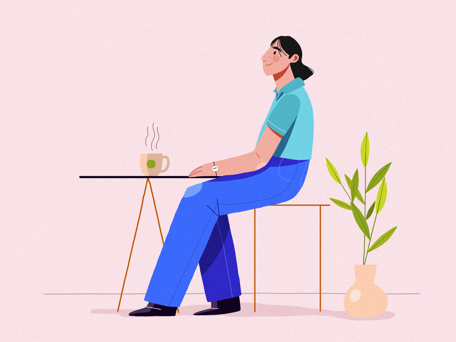 Morning coffee 2d art character character design clean coffee design femine feminine design illustration morning planning plant relax start think vector vera dementchouk woman