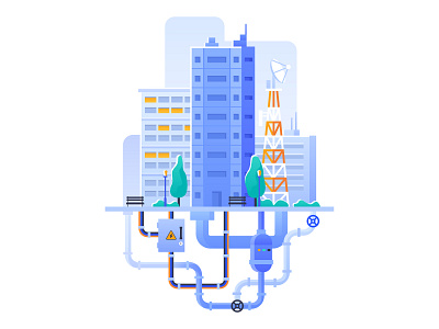 Illustration for the main screen of the Russian Housing and Comm aerial app application city cityscape colorful communication creative design electrical flat flatdesign gradient house icon illustration modern service town tree