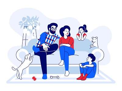 Happy family on the couch vector illustration brother children couch creative daughter family father fun furniture happy interior line art modern mother parents pets sister son stay home white background