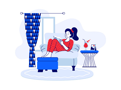 Happy young woman on the sofa vector illustration book coctail colorful creative drink education furniture girl home interior line art modern reading relaxation self stay home white background woman