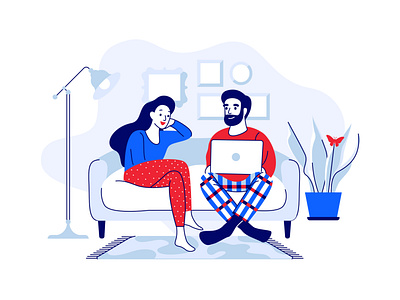 Young couple on the couch vector illustration colorful couch couple cozy creative employer furniture home interior isolated laptop line art man modern self stay home white background woman work young