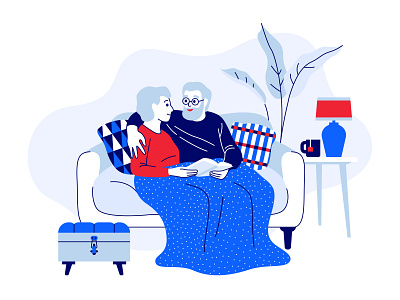 Senior people on the couch vector illustration book care colorful couch creative furniture grandfather grandmother grandparents home hug interior line art love modern reading seniors sofa stay home white background