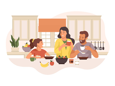 Happy family having breakfast in modern kitchen breakfast colorful creative design family flat food fun happy healthy healthy food illustration kitchen love modern parents