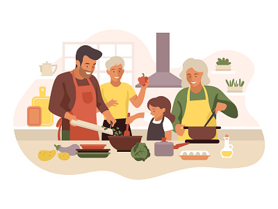 Happy parents with two children cooking in modern kitchen app children colorful cooking creative design family flat food happy healthy house illustration interior isolated kitchen love meal modern parents