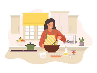 Beautiful young woman cooking in modern kitchen app application chief colorful cook creative design female happy hobby house illustration interior isolated kitchen love modern smiling stay home woman