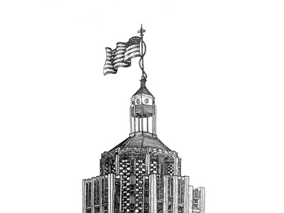 Lincoln Tower black building city drawing flag fort wayne illustration ink magazine skyline stipple white