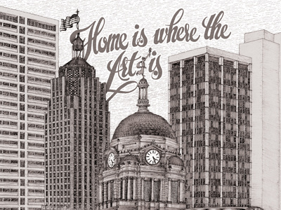 Fort Wayne Skyline for Pique cover illustration drawing ink black white stipple building flag magazine skyline city fort wayne