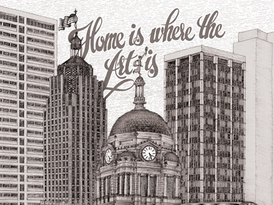 Fort Wayne Skyline for Pique cover black building city drawing flag fort wayne illustration ink magazine skyline stipple white