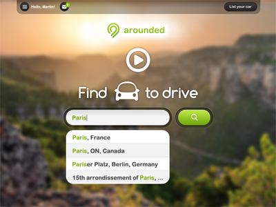 Arounded homepage - Find a car to drive! airbnb arounded green homepage notifacations search startup submit video web webdesign webpage