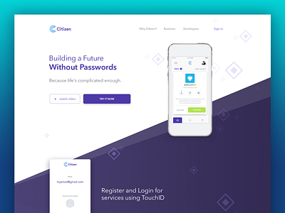 Citizen Web Page biometrics citizen data encryption gdpr landing page password photoshop security touch id ui ux design web