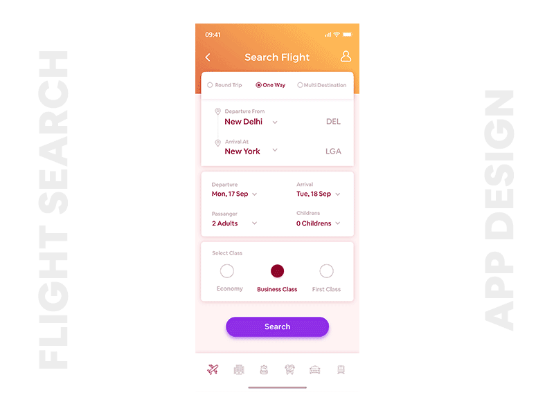 Flight UI Design animation bottom navigation card collapse view expand view flight search flight search app mobile app ui travel app ui travel ui ui ux
