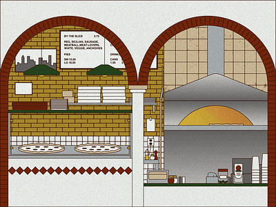 Pizza shop brick illustration new york outline oven pizza shop takeout texture