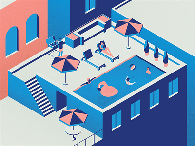 Rooftop Pool ball beach building flamingo float illustration isometric pool rooftop summer texture umbrella vector