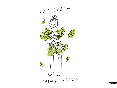 Think green doodle eco girl go green hand drawn illustration lettering people poster t shirt vegan vegetarian veggies