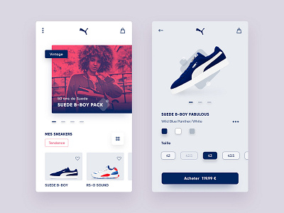 Sneakers shop app add to basket app b-boy design duotone shop sneakers suede classics ui ux