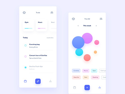 Free time app app chart clean design free time graph hobbies list management minimal product rest tasks time to do track ui user ux vibrant colors