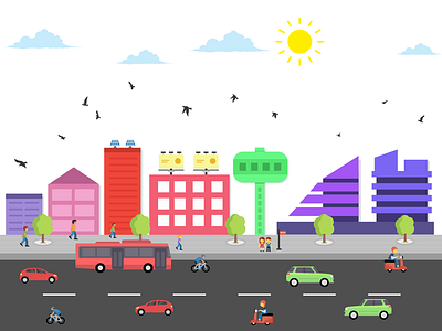 City Skyline birds building city clouds creative design graphics idea illustration people road sun