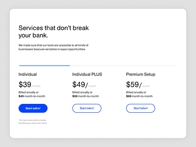 Pricing section UI design