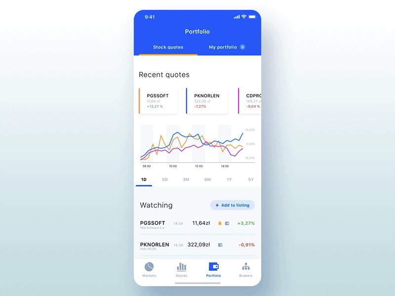 Stock exchange - mobile application interactions application cards charts currency dashboard graphs interaction iphone x mobile quotes stock exchange table