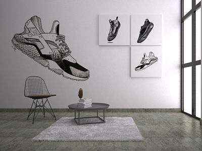 Wall Arts drawing hand drawn illustration ink interior mock up shoes sneaker