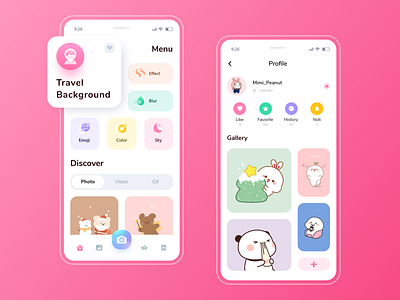 Mobile app Android UI app camera color cute design illustration mobile photo pink travel ui