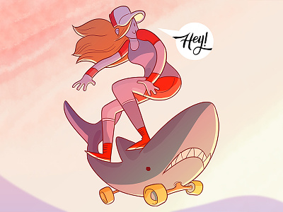 Shark Surf girl groovy illustration shark skate skating