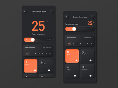 Electric Room Heater Control 🌛soft UI dark mode design mobile app neumorphic neumorphism redesign remote control soft ui trend 2020 ui