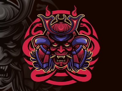 Oni mask fire artworks black blue branding charachter culture dark design fire graphic art graphic artist graphic design hello dribbble illustration illustrator japanese red samurai