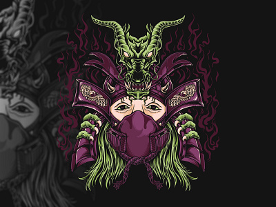 Dragon ronin mask artworks black branding charachter culture dark design dragon fire graphic artist graphic design green hello dribbble illustration illustrator japan logo mask roni samurai