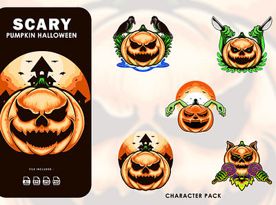 5 Scary Pumpkins Halloween - Sticker Pack glowing