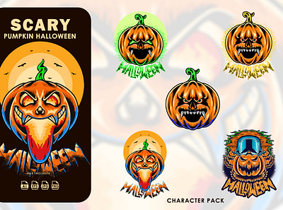 5 Scary Pumpkins Halloween - Sticker Pack glowing