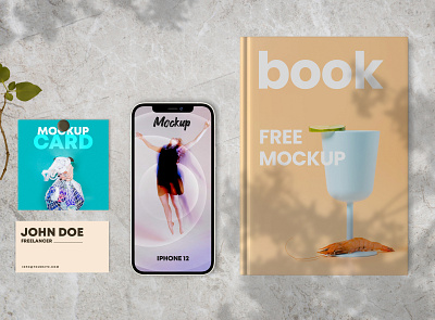Free Book & Cards with iPhone 12 Mockup free mockup free mockups mockup mockup design moodboard mockup psd mockups