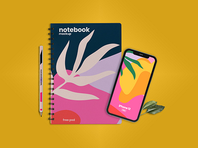 Notebook with iPhone 12 Scene Free Mockup design free mockup freebie iphone 12 iphone 12 pro mockup mockups notebook notebook mockup psd mockup