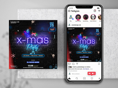 Christmas Neon Party Instagram PSD Templates christmas christmas flyer instagram post psd template xmas