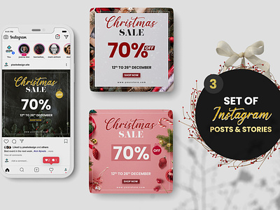 Set of 3 Christmas Sale Instagram Banners banner christmas christmas 2021 christmas flyer instagram merry christmas posts psd psd flyer