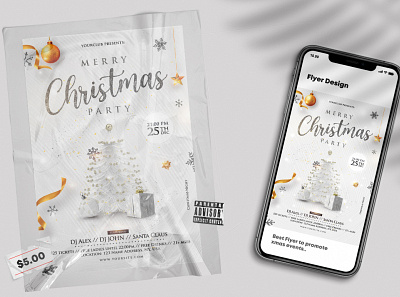 Merry Christmas Party Flyer Template (PSD) christmas christmas 2021 christmas flyer christmas party flyer christmas psd flyers psd psd flyer white white christmas