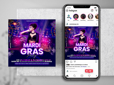 Mardi Gras Party Events Instagram PSD Templates banner carnival flyer instagram mardi gras mardi gras flyer psd psd template