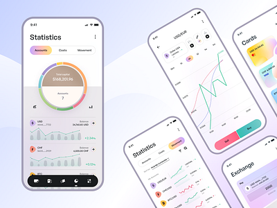 Mobile app - Troier app bank card credit crypto cryptocurrency currency dark dashboard design finance fintech gradient investing mobile ui uiux ux wallet white