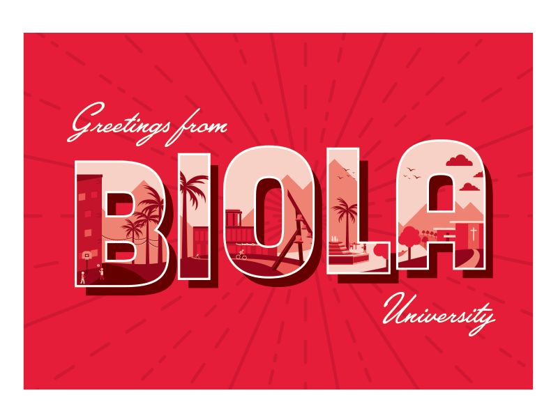 Greetings from Biola bells biola hand lettering illustration landscape monochromatic postcard red retro type typography university