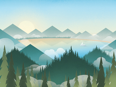 Mountain View blue boat clouds gradient green illustration lake landscape mountains reflect sunrise texture top trees view