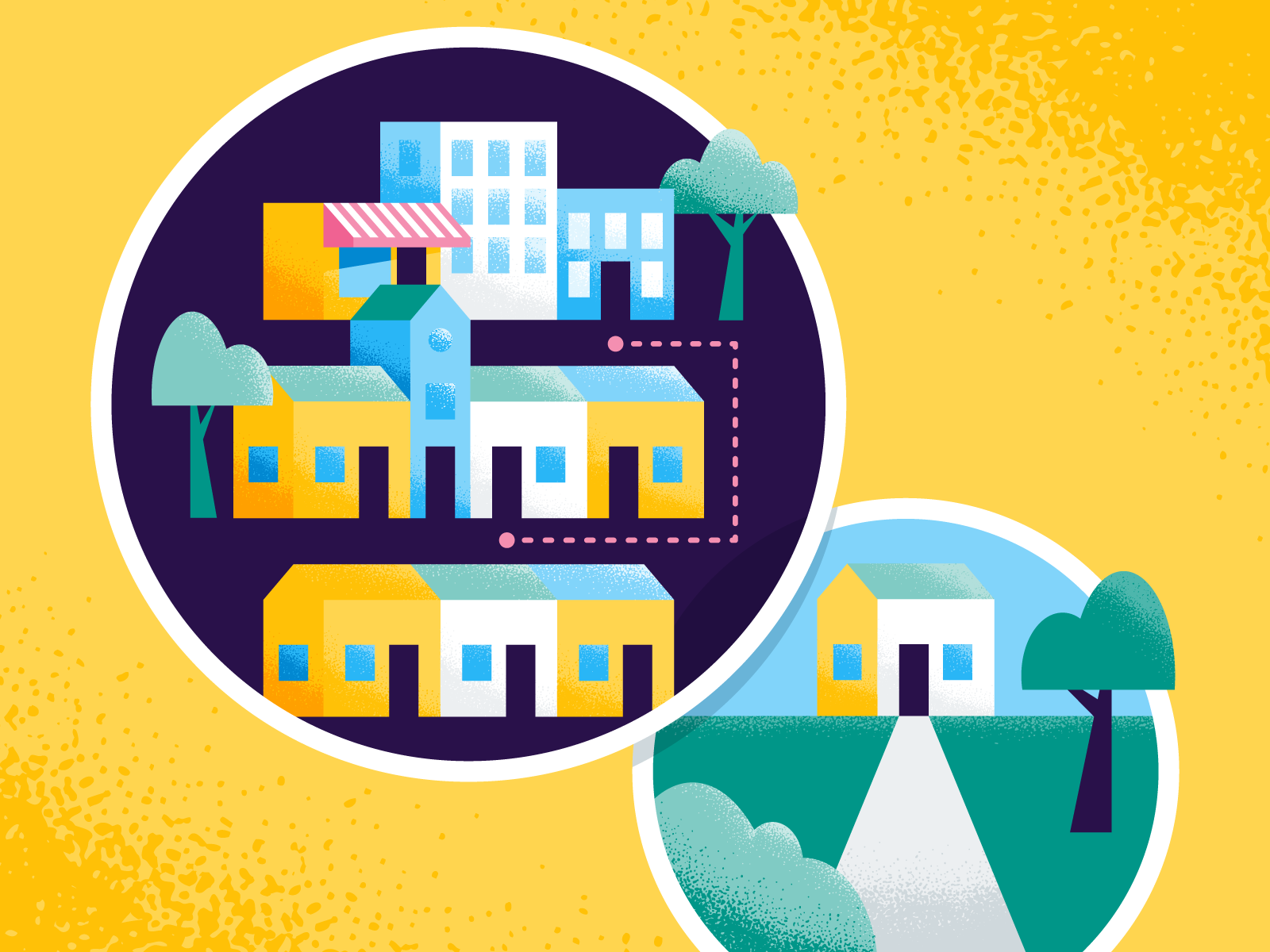 Short Commute vs Big Yard city homes house illustration infographic real estate