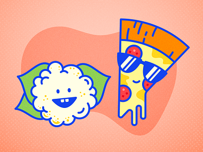 Cauliflower, meet Pizza... cartoon character icon illustration pizza