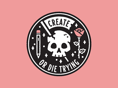 Create Or Die 2 badge crest lockup rose skull sticker