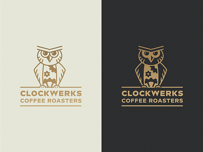 Clockwerks banding bird coffee cog gear logo orange owl