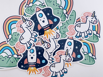 Stickers! Smiles! Rainbows! illustration rainbow rocket space spaceship sticker unicorn