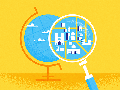 Travel Research city globe illustration magnifying glass search travel