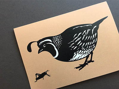 The Next Meal black and white grasshopper greeting card illustration monochromatic papercut quail