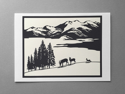 Family Outing After Blizzard black and white blizzard deers family forest greeting card illustration monochromatic mountain papercut snow